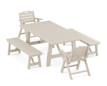 Nautical Folding Lowback Chair 5-Piece Rustic Farmhouse Dining Set With Benches