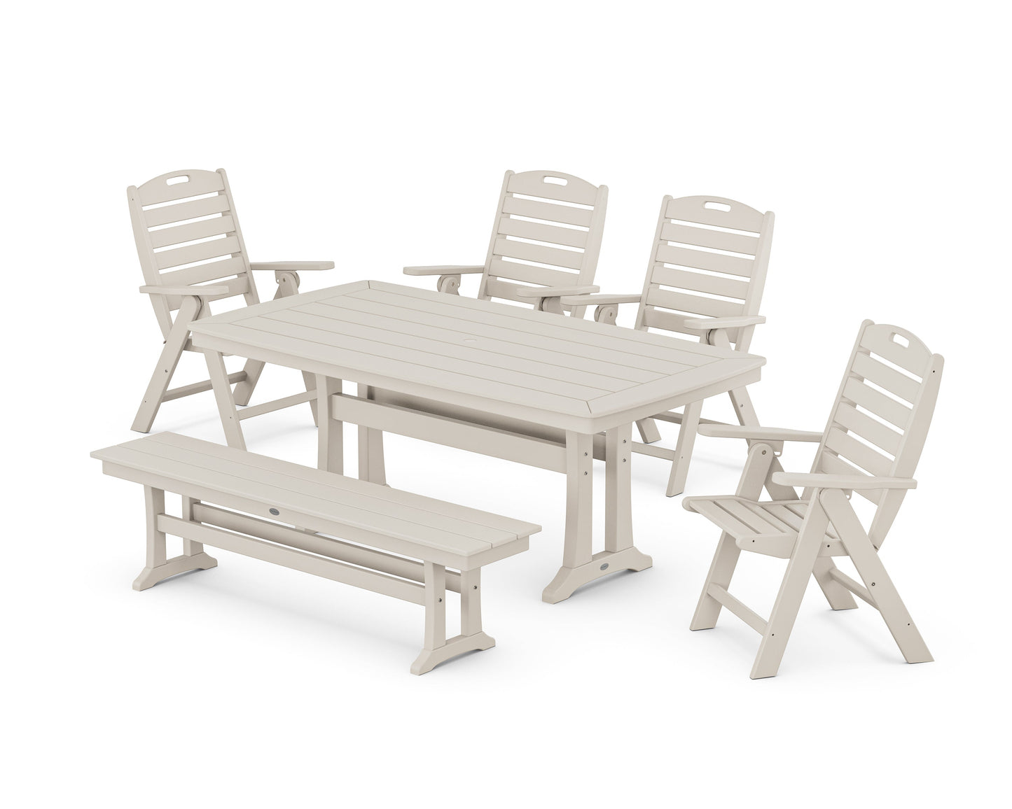 Nautical Highback 6-Piece Dining Set with Trestle Legs and Bench