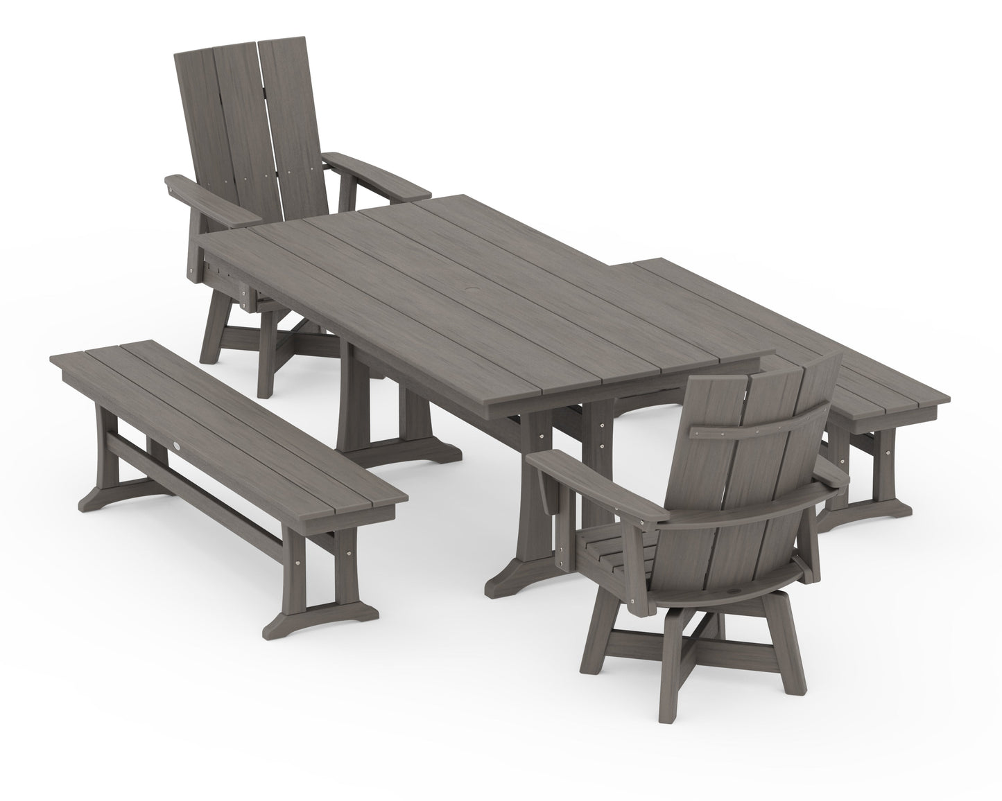 Modern Curveback Adirondack Swivel Chair 5-Piece Farmhouse Dining Set With Trestle Legs and Benches