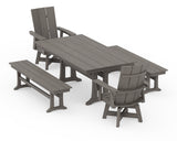 Modern Curveback Adirondack Swivel Chair 5-Piece Farmhouse Dining Set With Trestle Legs and Benches