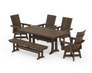 Modern Curveback Adirondack Swivel Chair 6-Piece Farmhouse Dining Set With Trestle Legs and Bench