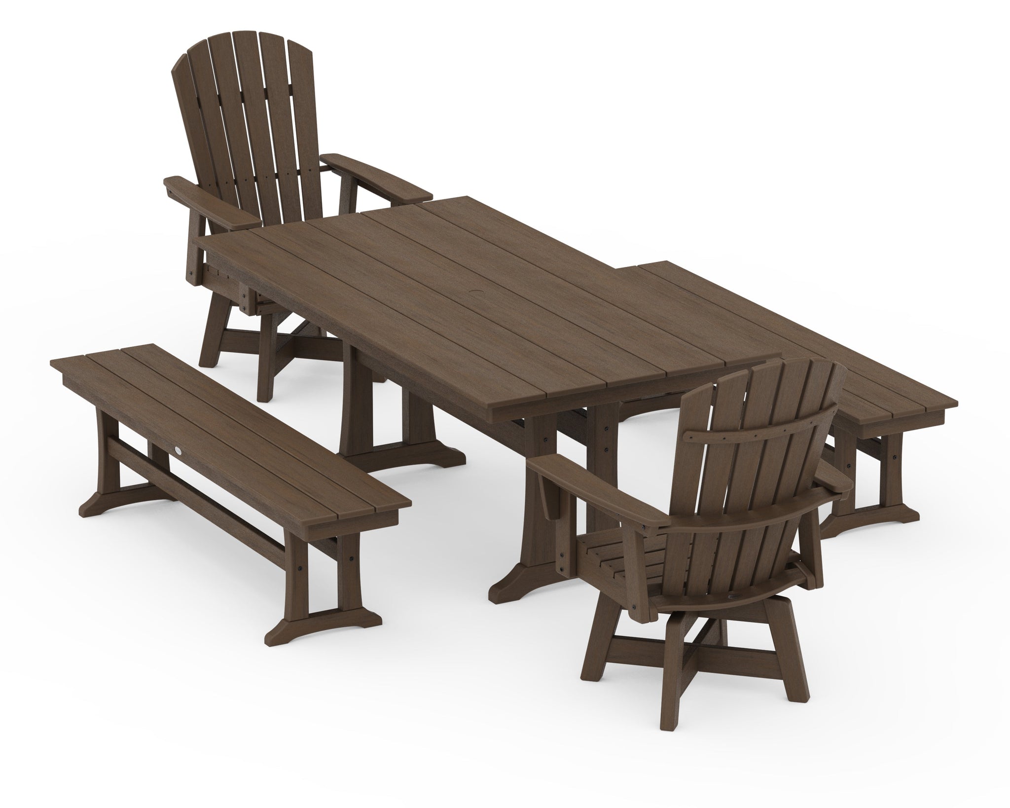 Nautical Curveback Adirondack Swivel Chair 5-Piece Farmhouse Dining Set With Trestle Legs and Benches