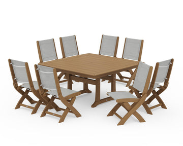 Coastal Folding Side Chair 9-Piece Dining Set with Trestle Legs