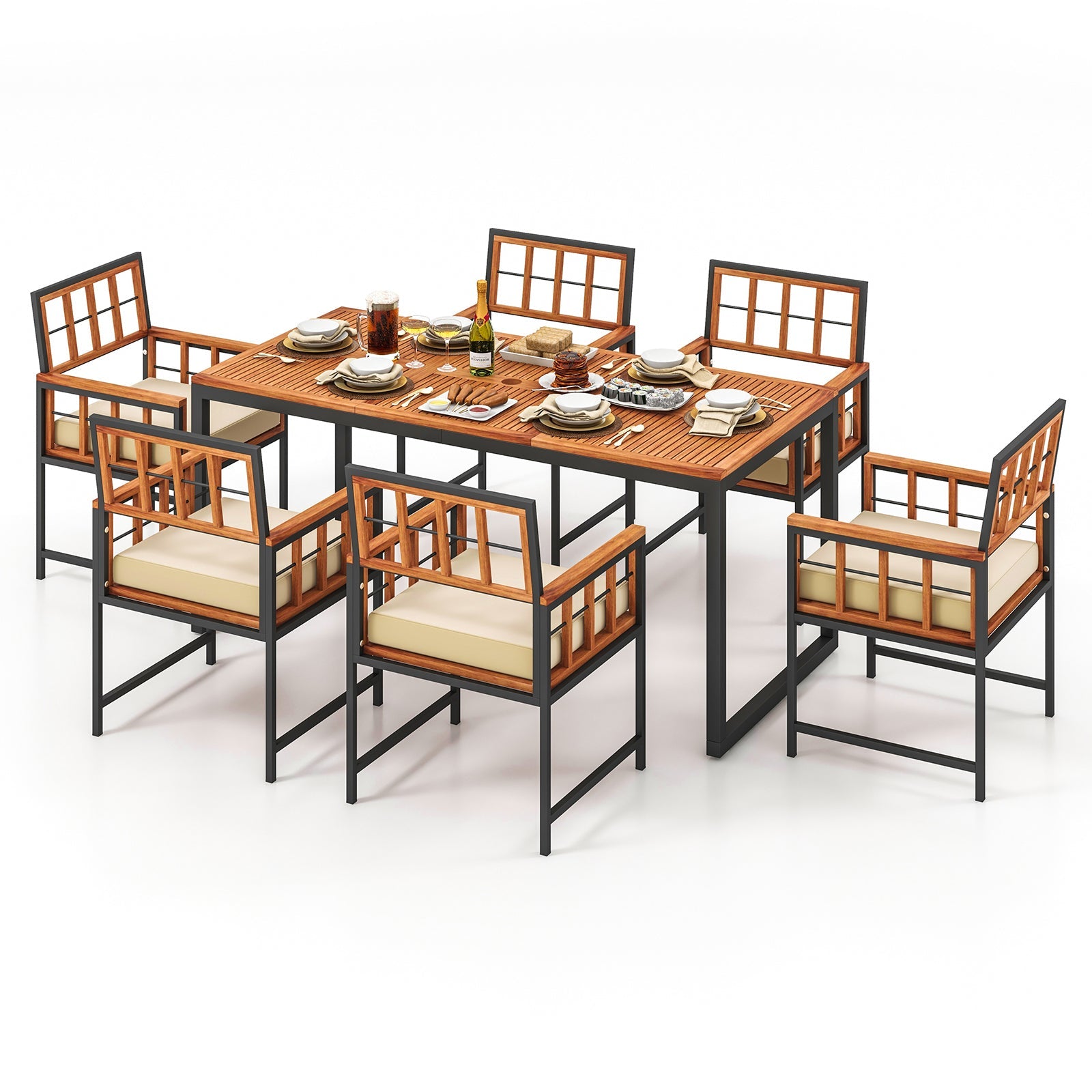 Costway 7-Piece Patio Acacia Wood Dining Set Cushions Umbrella Hole 17892435 New