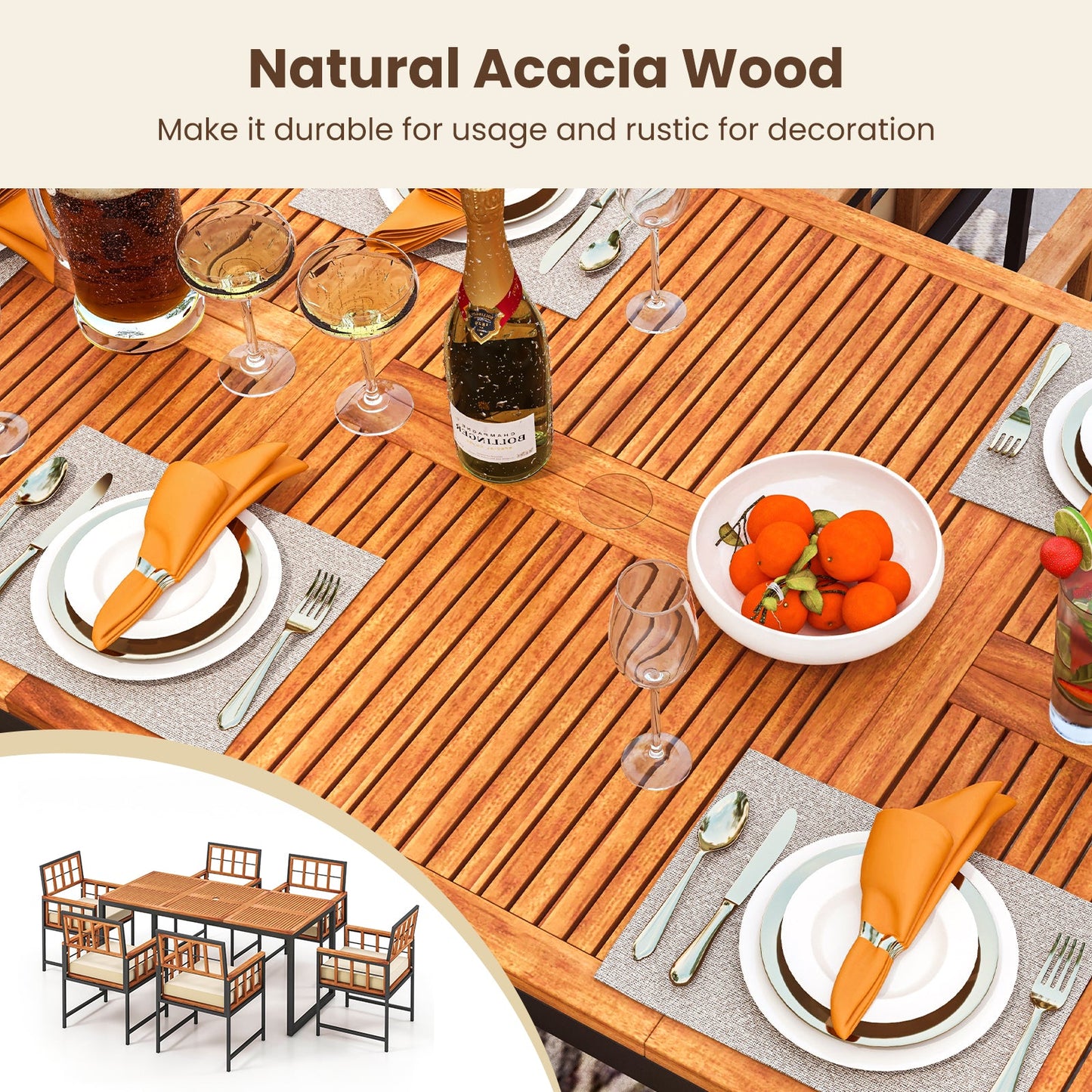 Costway 7-Piece Patio Acacia Wood Dining Set Cushions Umbrella Hole 17892435 New