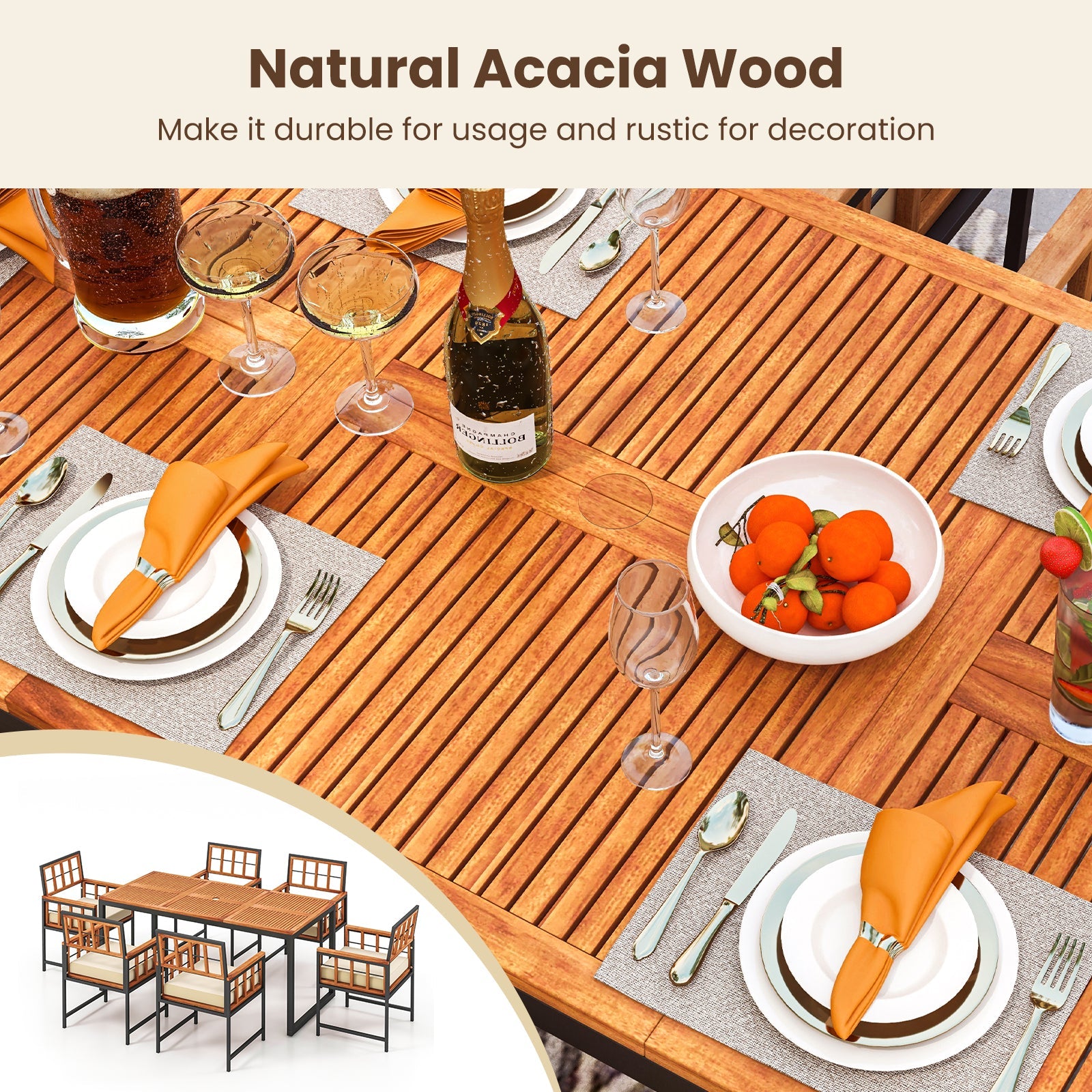 Costway 7-Piece Patio Acacia Wood Dining Set Cushions Umbrella Hole 17892435 New