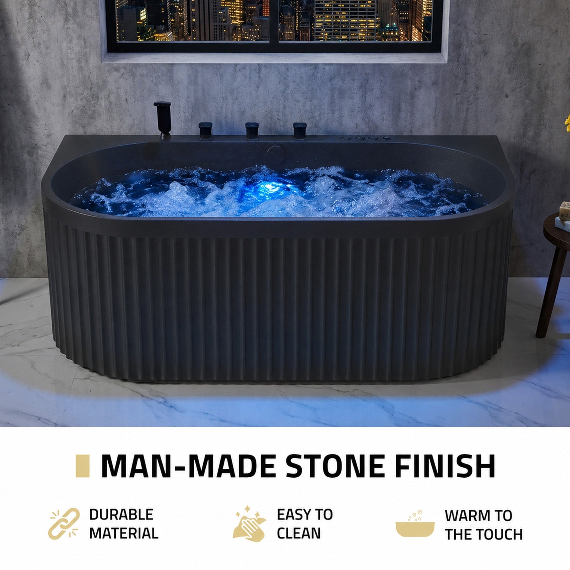 Anzzi Stone Belle Bathtub 67 x 32 in. Flat Bottom Freestanding with Massage Jets and Lights New