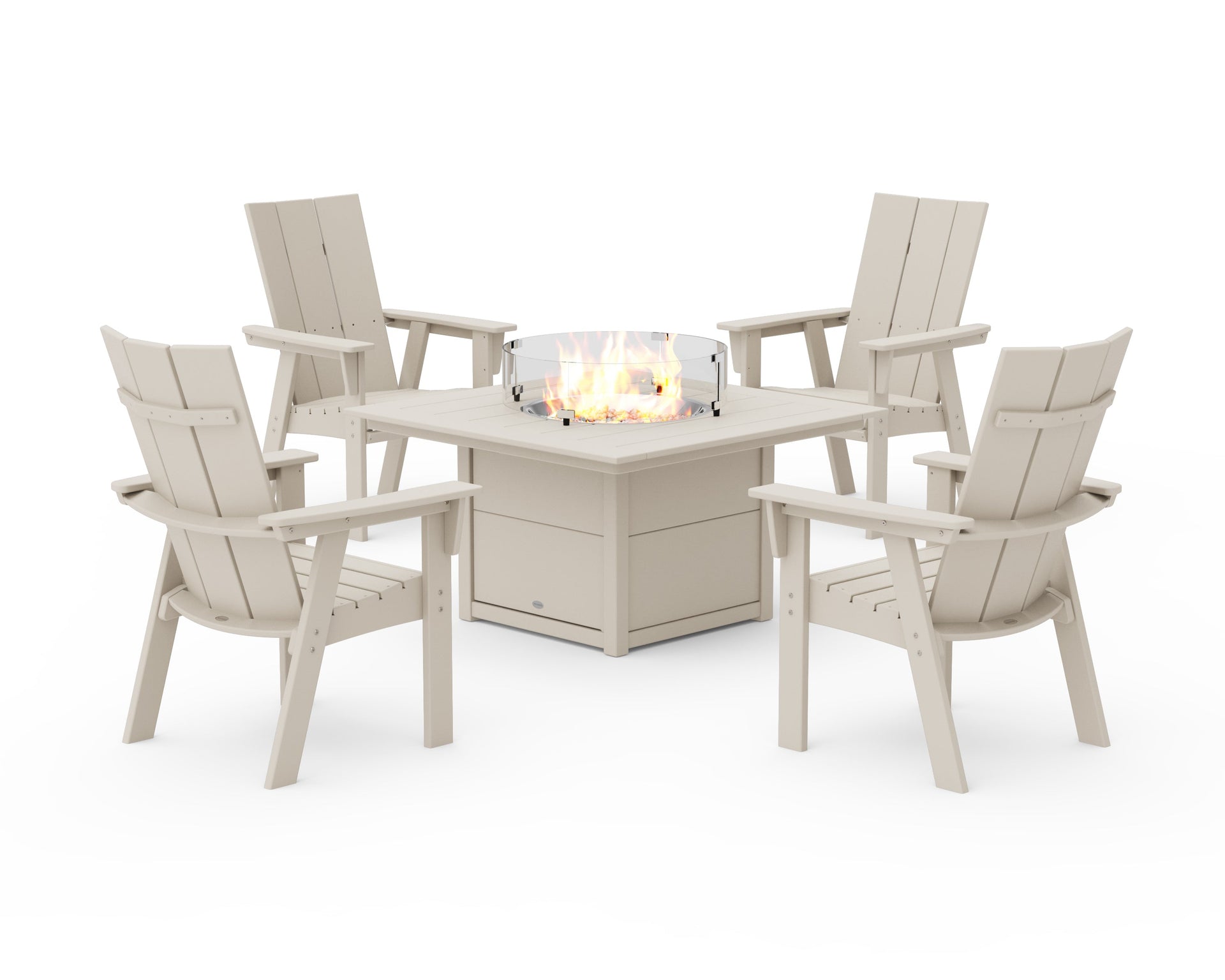 Modern 4-Piece Curveback Upright Adirondack Conversation Set with Fire Pit Table