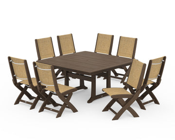 Coastal Folding Side Chair 9-Piece Dining Set with Trestle Legs