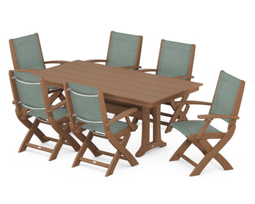 Coastal Folding Arm Chair 7-Piece Farmhouse Dining Set with Trestle Legs