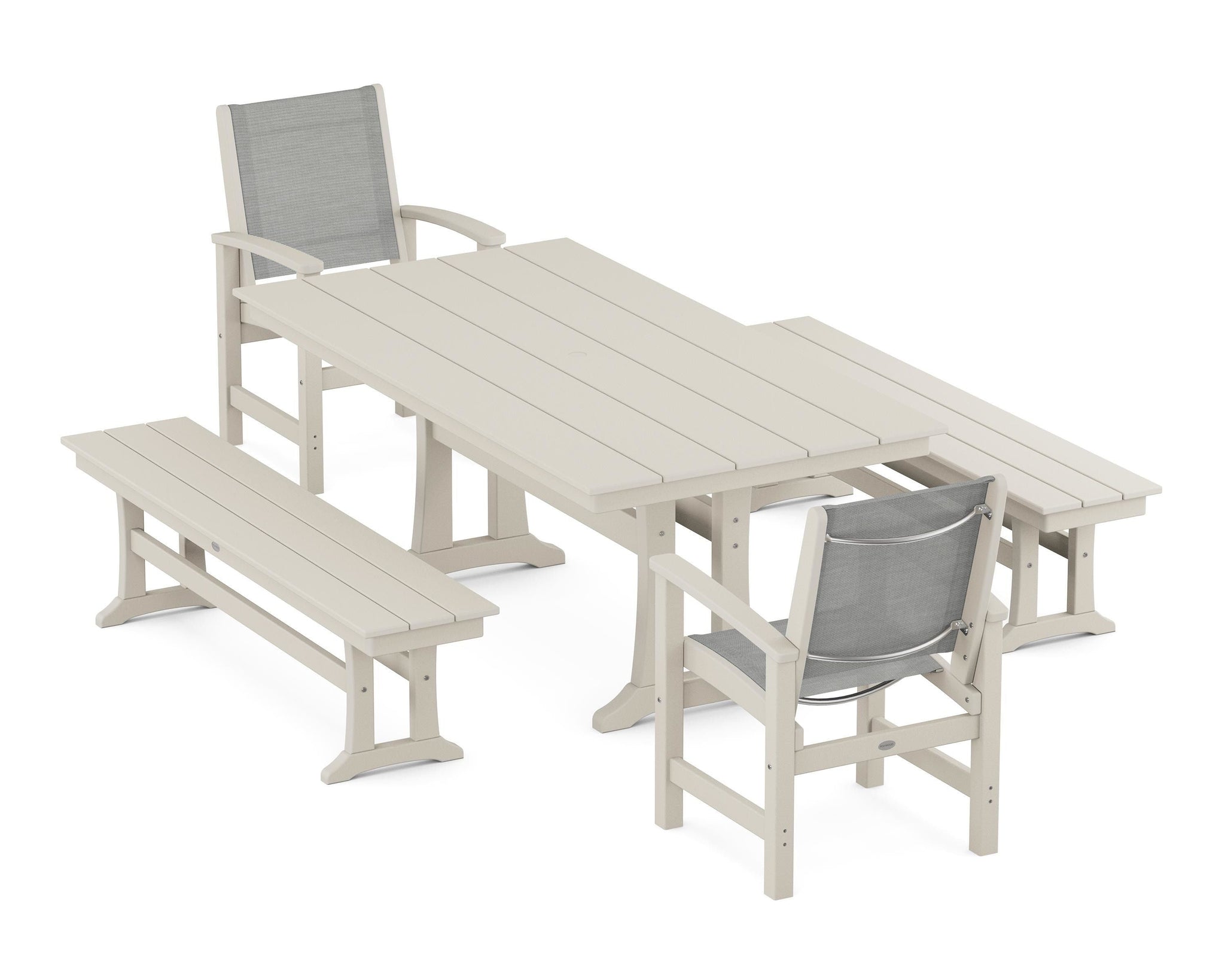 Coastal 5-Piece Farmhouse Dining Set with Trestle Legs and Benches