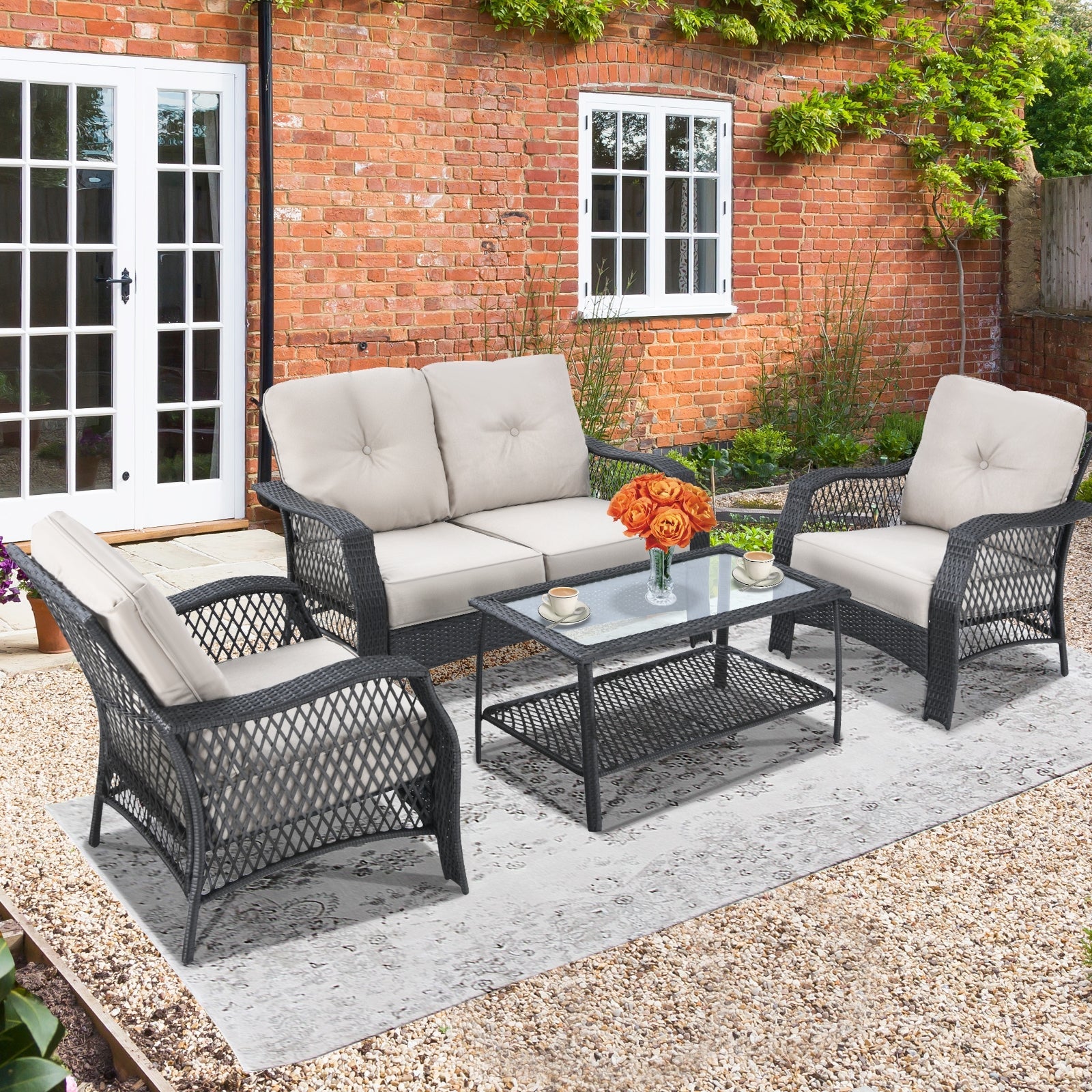 Costway 4pc Patio Wicker Furniture Set Loveseat Sofa Coffee Table Beige 64579183 New
