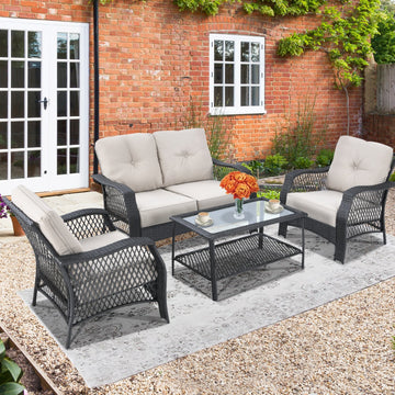 Costway 4pc Patio Wicker Furniture Set Loveseat Sofa Coffee Table Beige 64579183 New