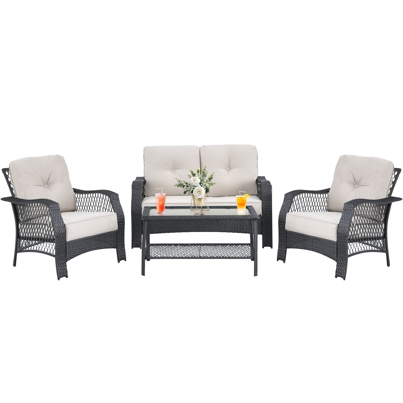 Costway 4pc Patio Wicker Furniture Set Loveseat Sofa Coffee Table Beige 64579183 New