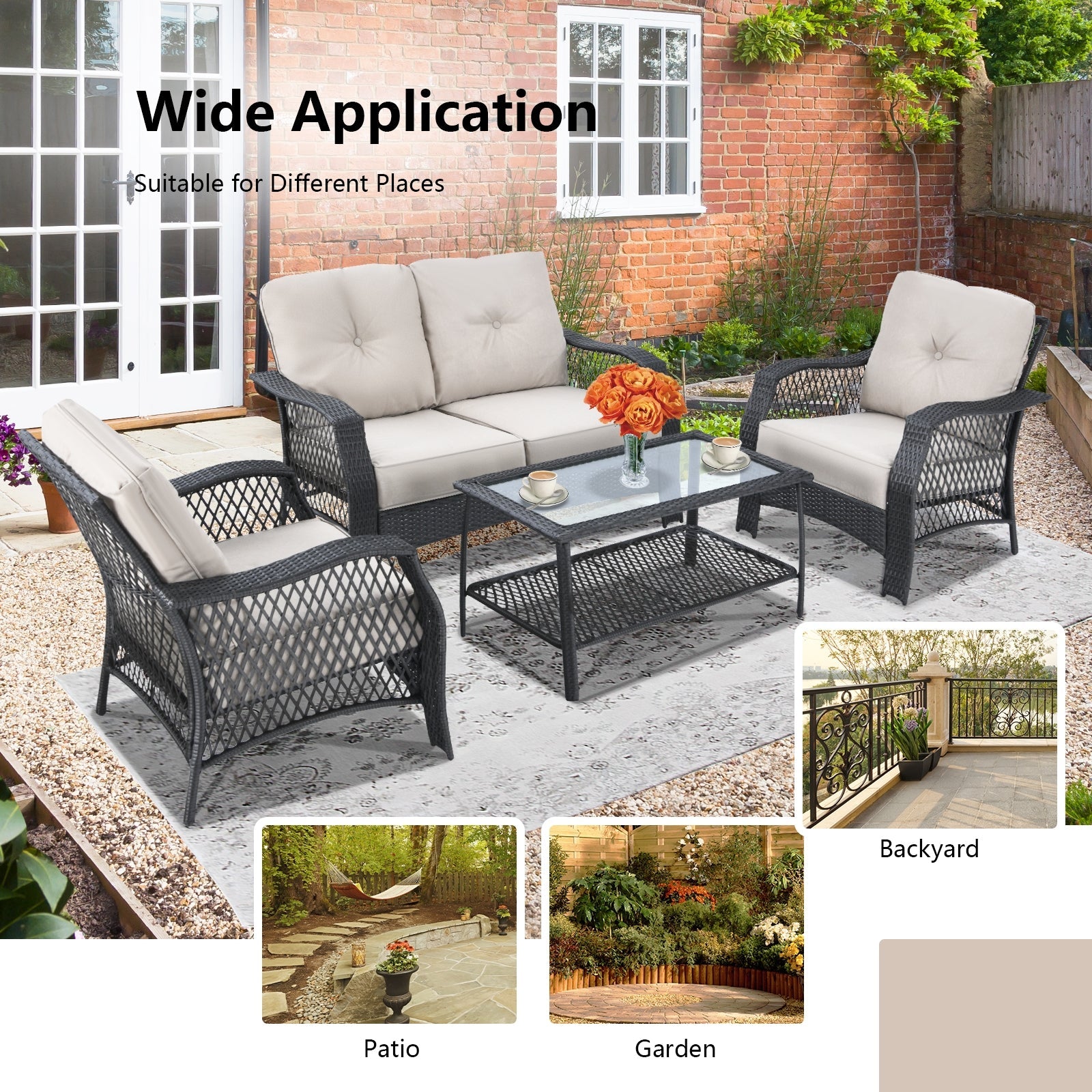 Costway 4pc Patio Wicker Furniture Set Loveseat Sofa Coffee Table Beige 64579183 New