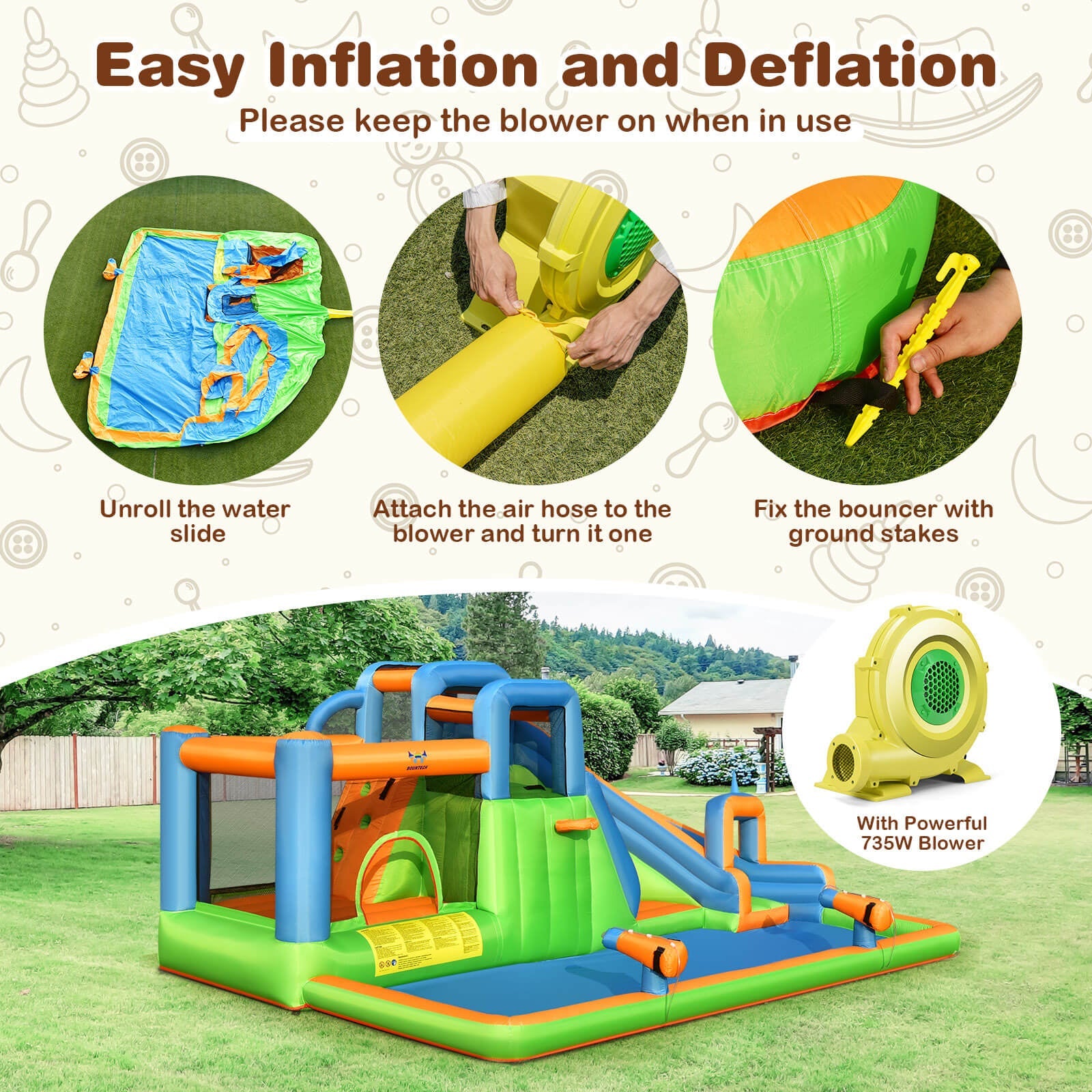 Costway 7-in-1 Inflatable Giant Water Park Bouncer Dual Climbing Walls 735W Blower 34625810 New