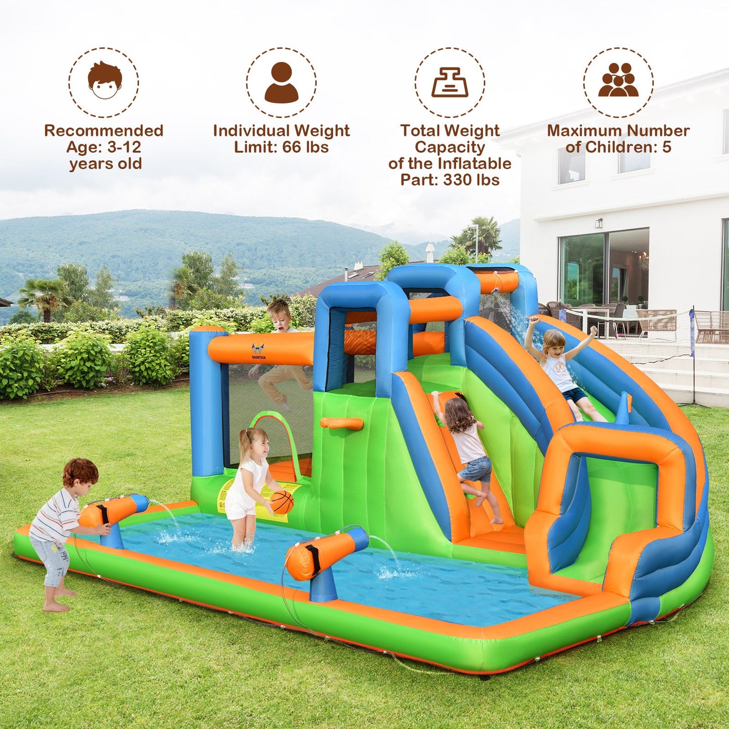 Costway 7-in-1 Inflatable Giant Water Park Bouncer Dual Climbing Walls 735W Blower 34625810 New