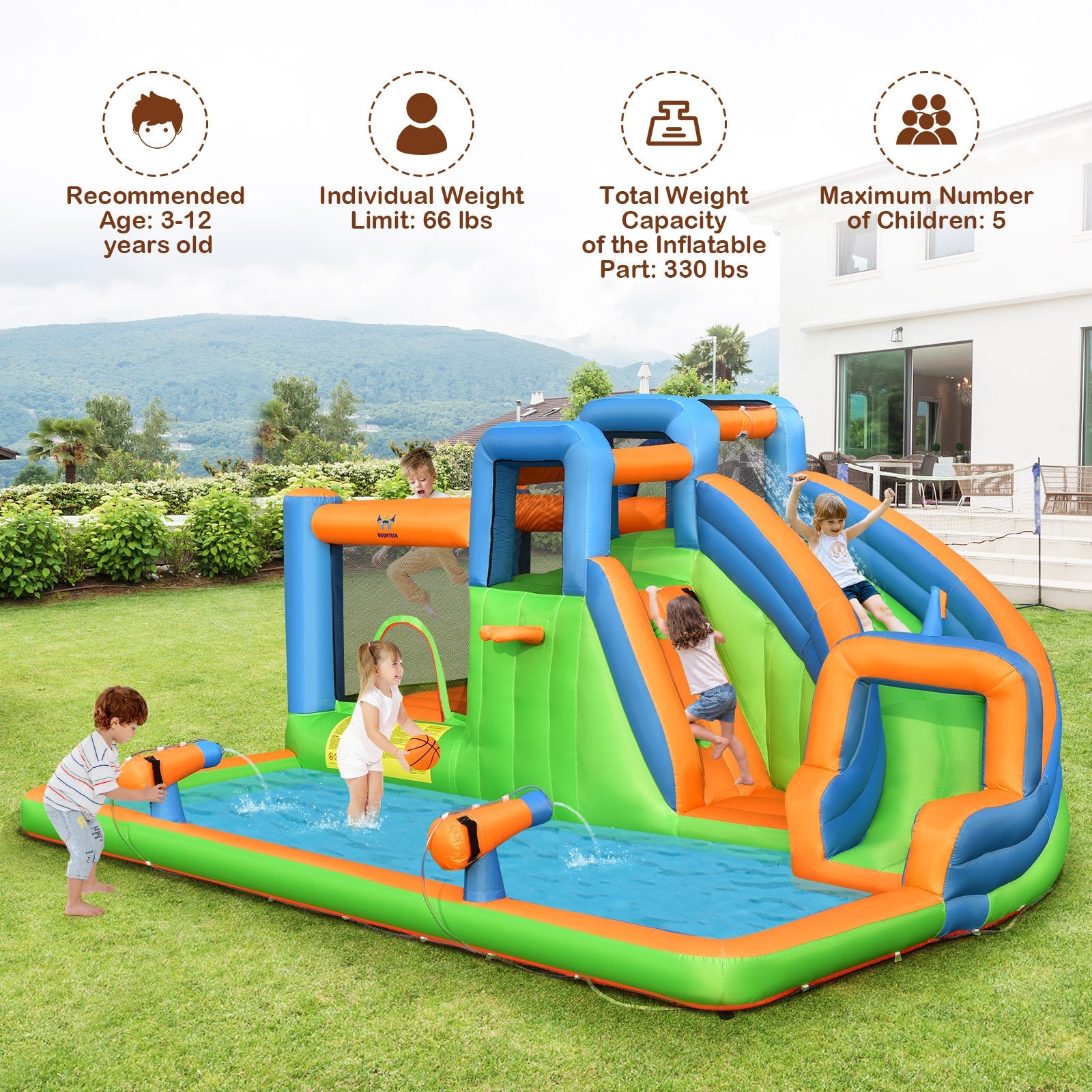 Costway 7-in-1 Inflatable Giant Water Park Bouncer Dual Climbing Walls 735W Blower 34625810 New