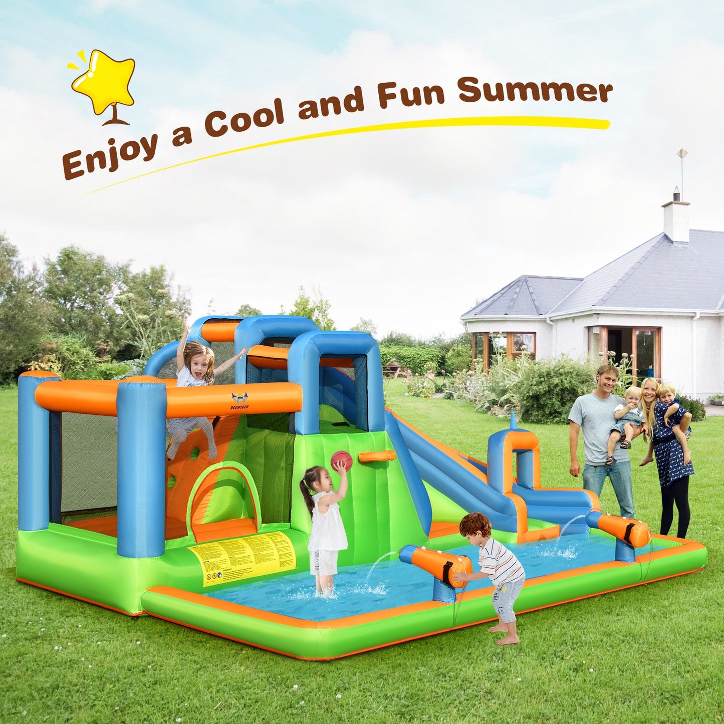 Costway 7-in-1 Inflatable Giant Water Park Bouncer Dual Climbing Walls 735W Blower 34625810 New