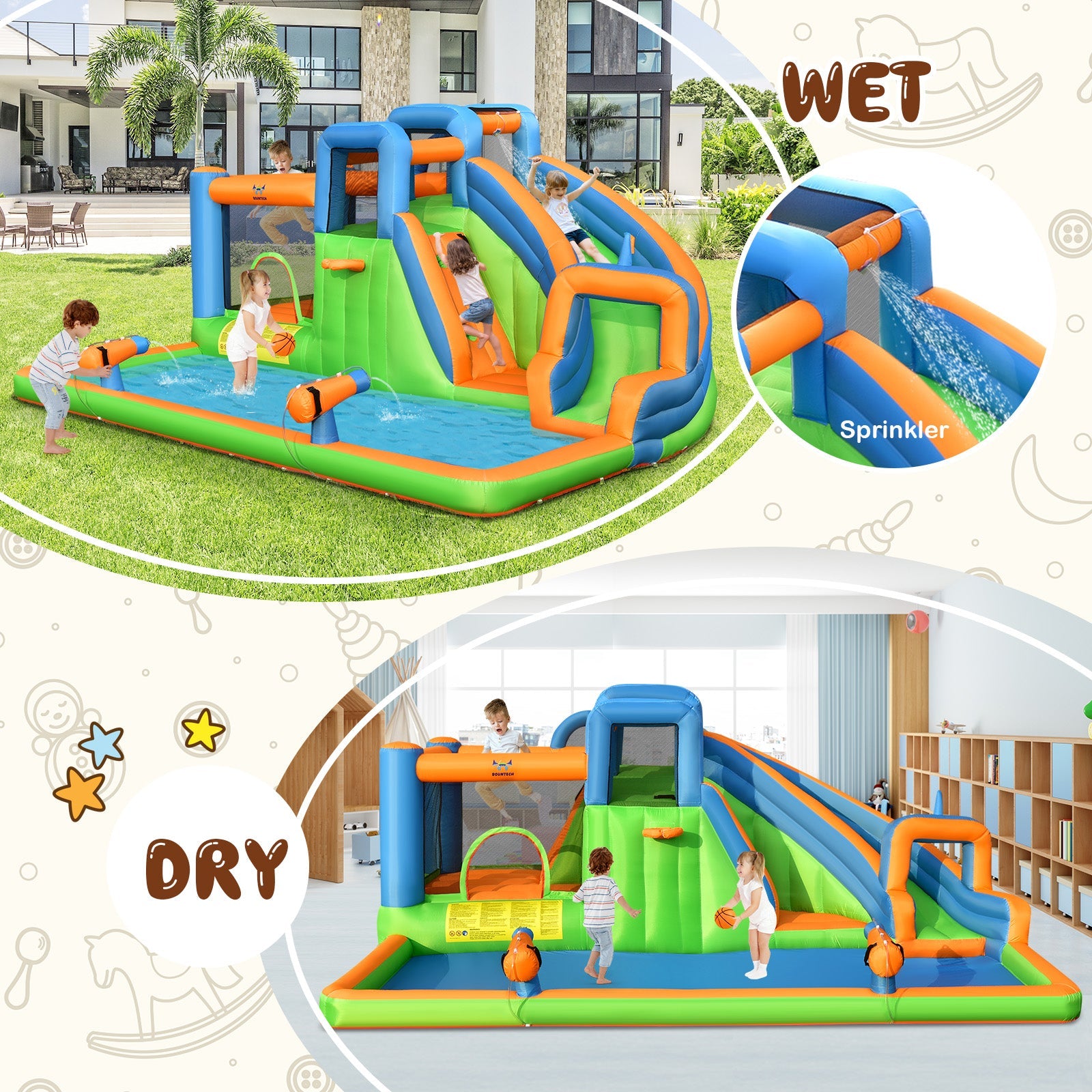 Costway 7-in-1 Inflatable Giant Water Park Bouncer Dual Climbing Walls 735W Blower 34625810 New