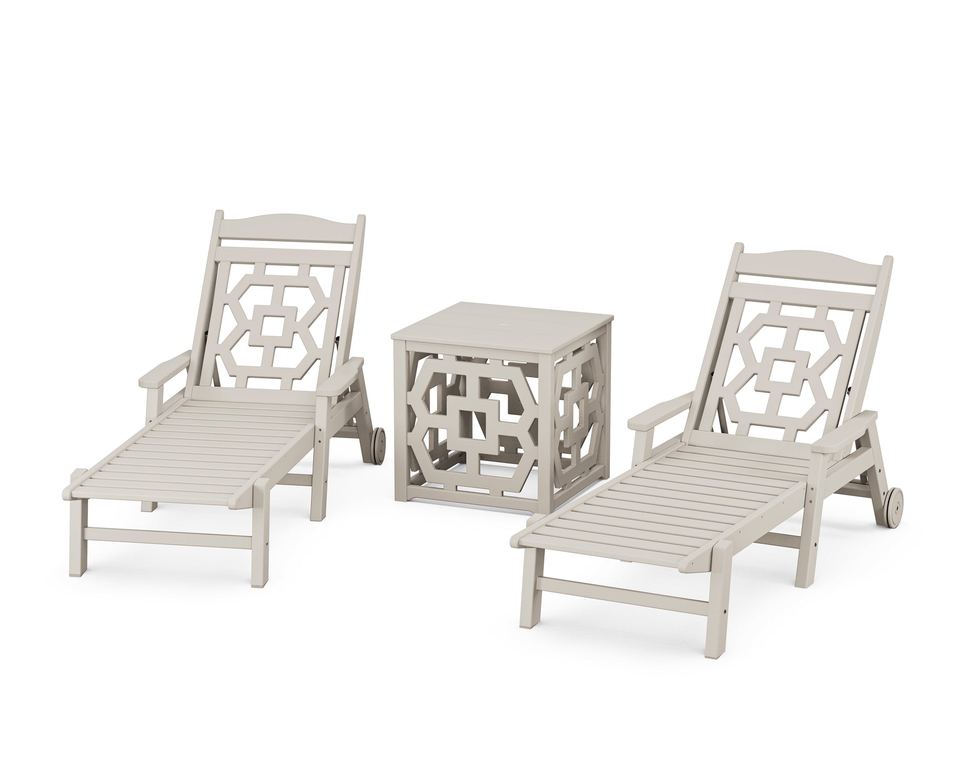 Chinoiserie 3-Piece Chaise Set with Umbrella Stand Accent Table