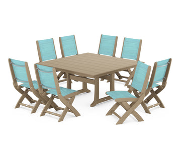 Coastal Folding Side Chair 9-Piece Farmhouse Dining Set