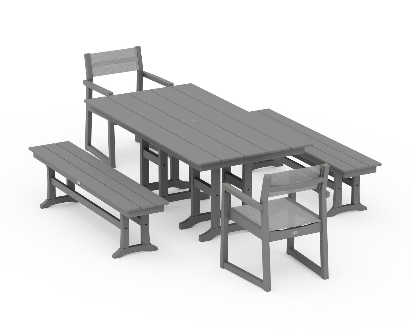EDGE Sling Arm Chair 5-Piece Farmhouse Dining Set with Benches