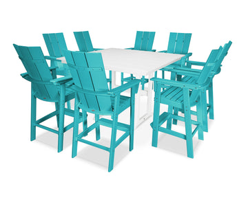 Modern Curveback Adirondack 9-Piece Farmhouse Trestle Bar Set