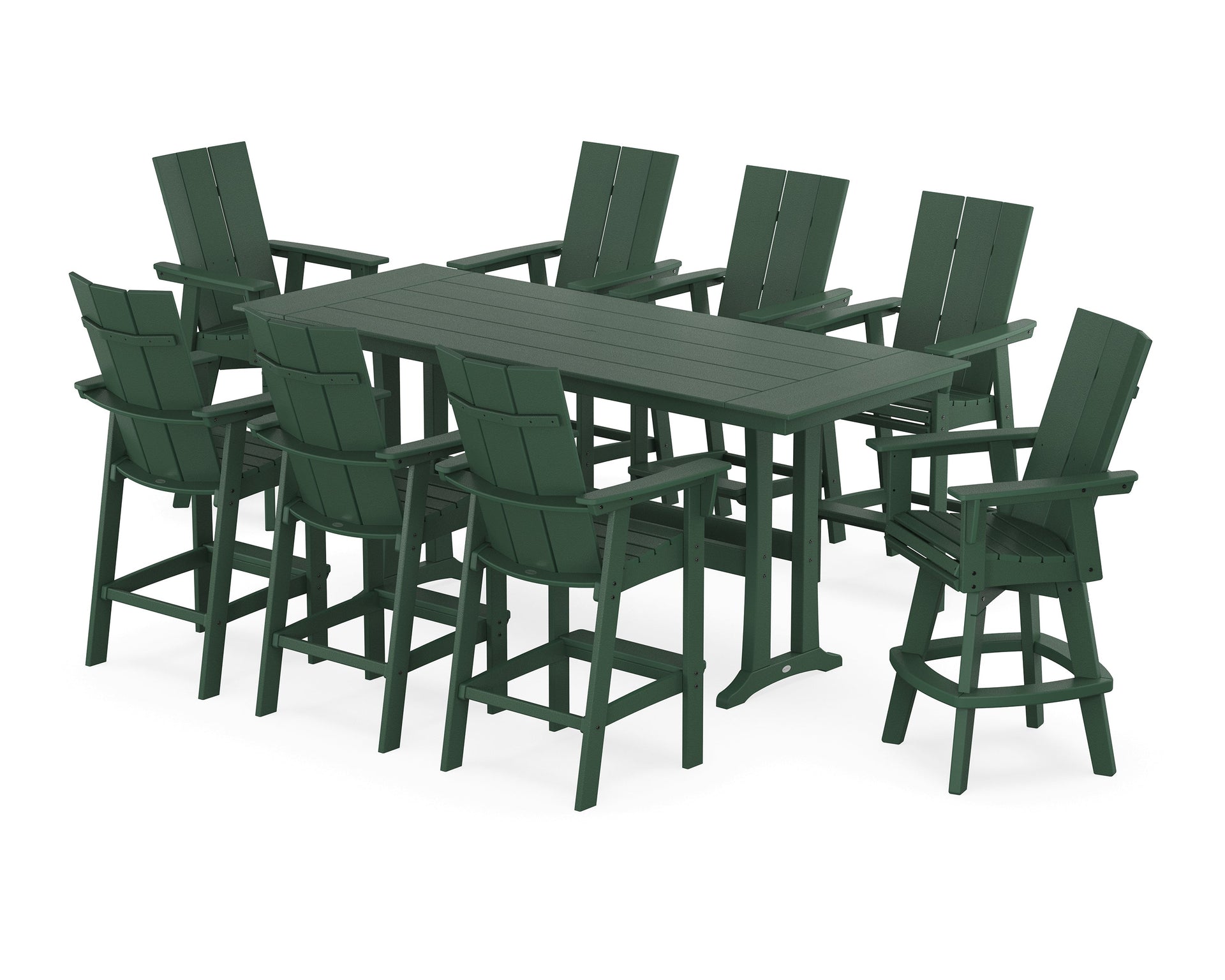 Modern Curveback Adirondack Swivel 9-Piece Farmhouse Bar Set with Trestle Legs
