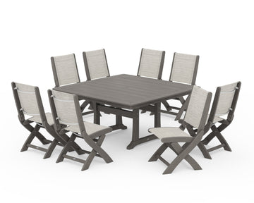 Coastal Folding Side Chair 9-Piece Dining Set with Trestle Legs