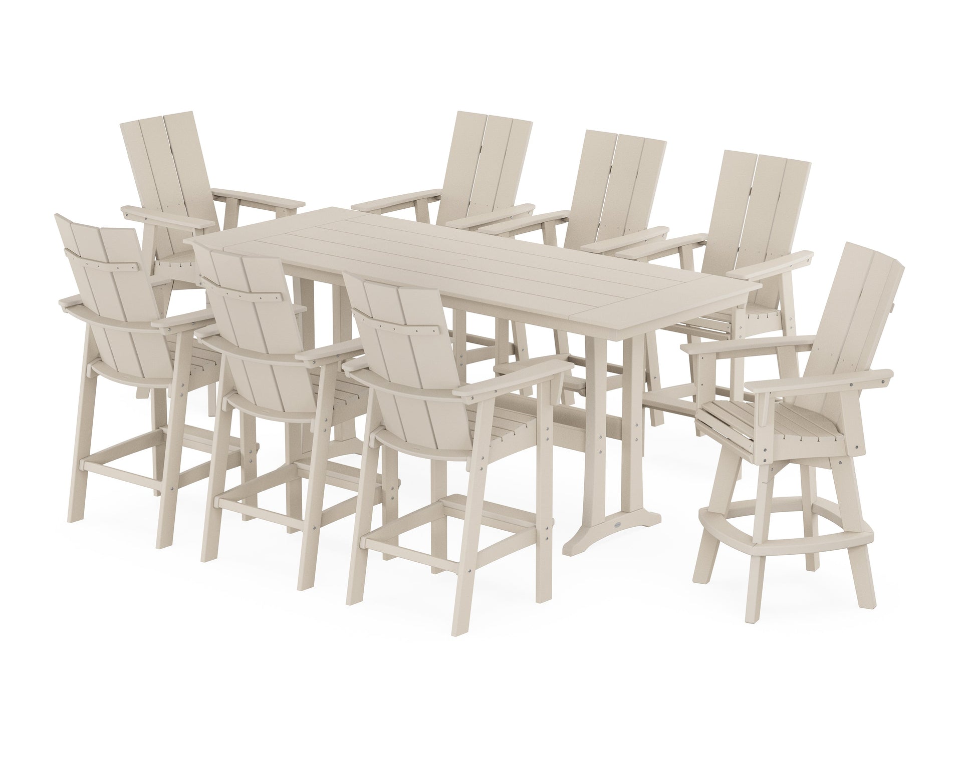 Modern Curveback Adirondack Swivel 9-Piece Farmhouse Bar Set with Trestle Legs