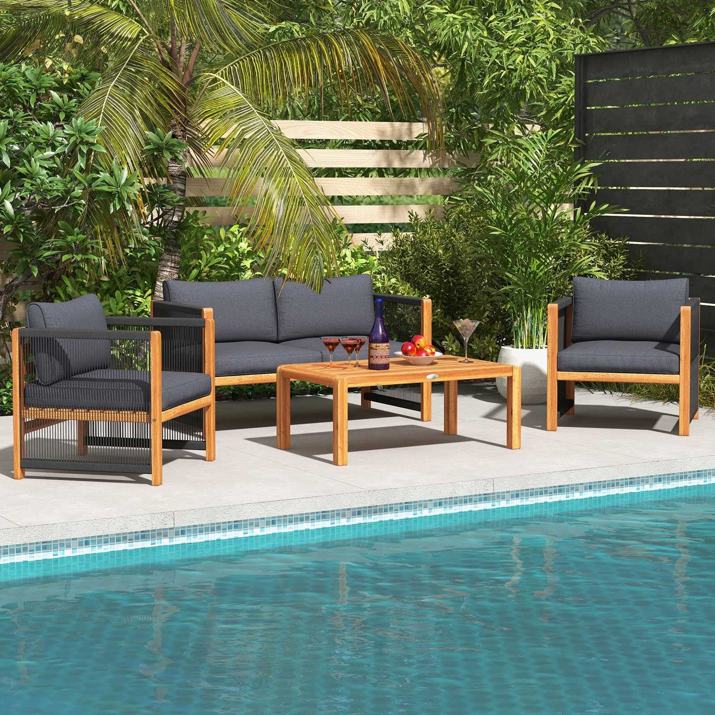 Costway 4-Piece Acacia Wood Outdoor Patio Sofa Set with Cushions 27630584 New