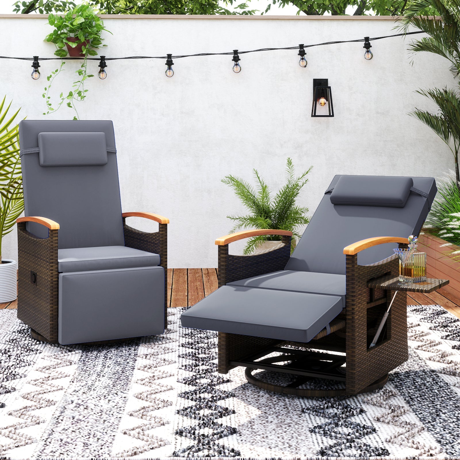 Costway Set of 2 Patio Rattan 360° Swivel Recliner Chaise Lounge Chairs Adjustable Backrest Footrest 86361582 New