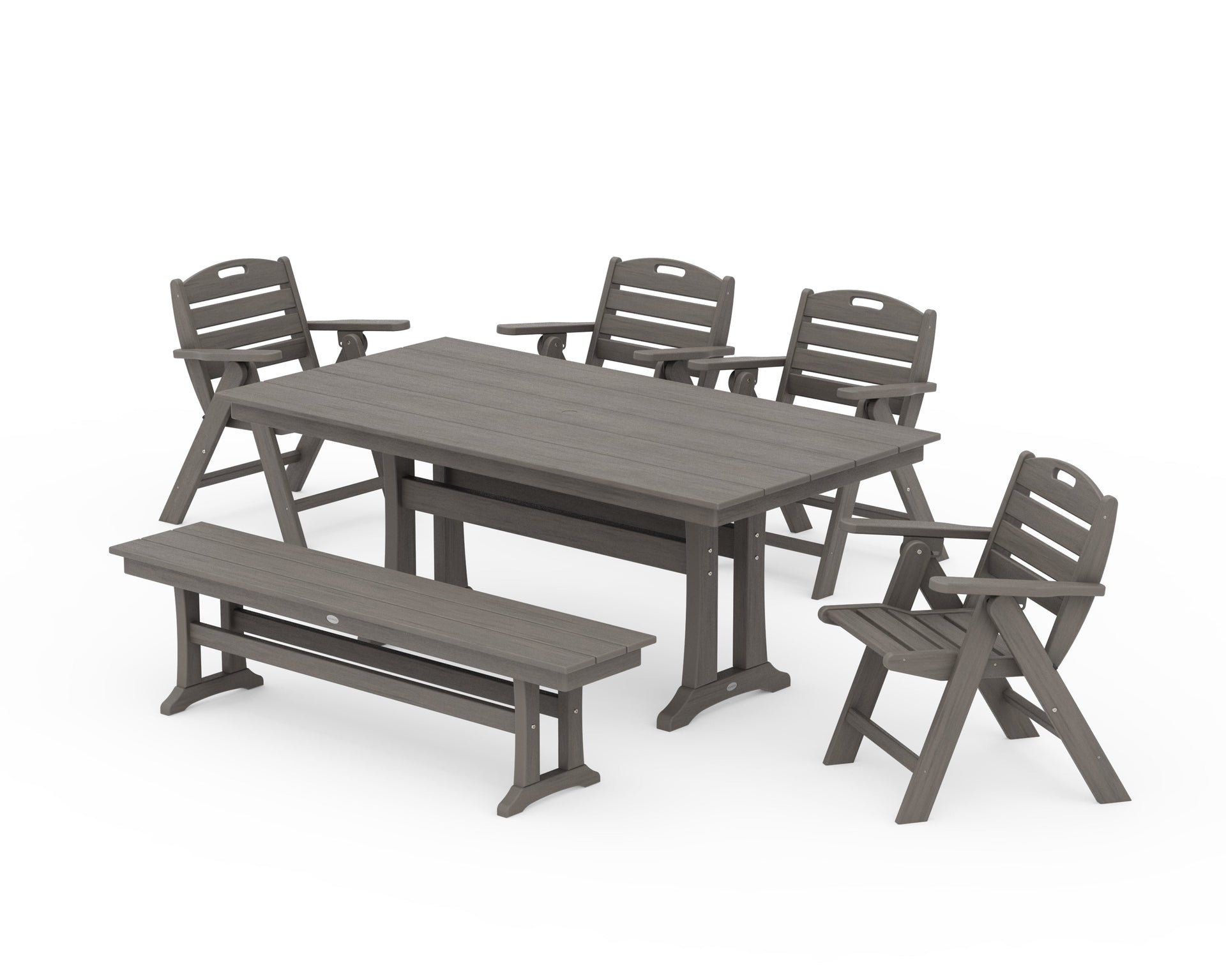 Nautical Lowback 6-Piece Farmhouse Dining Set with Trestle Legs and Bench