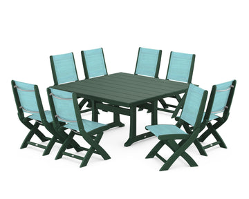 Coastal Folding Side Chair 9-Piece Farmhouse Dining Set