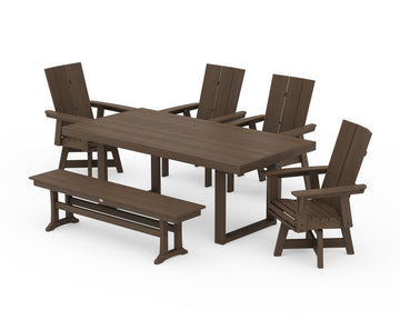 Modern Curveback Adirondack Swivel Chair 6-Piece Dining Set with Bench