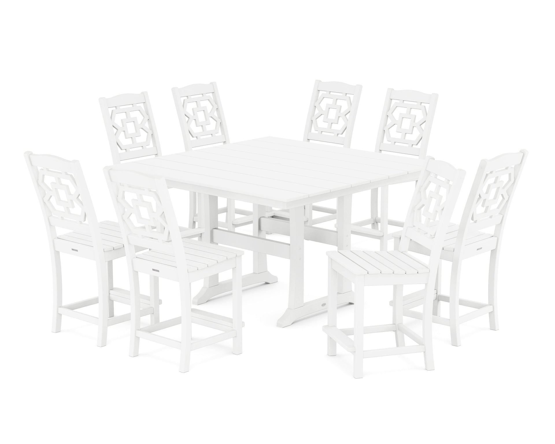 Chinoiserie 9-Piece Square Farmhouse Side Chair Counter Set with Trestle Legs