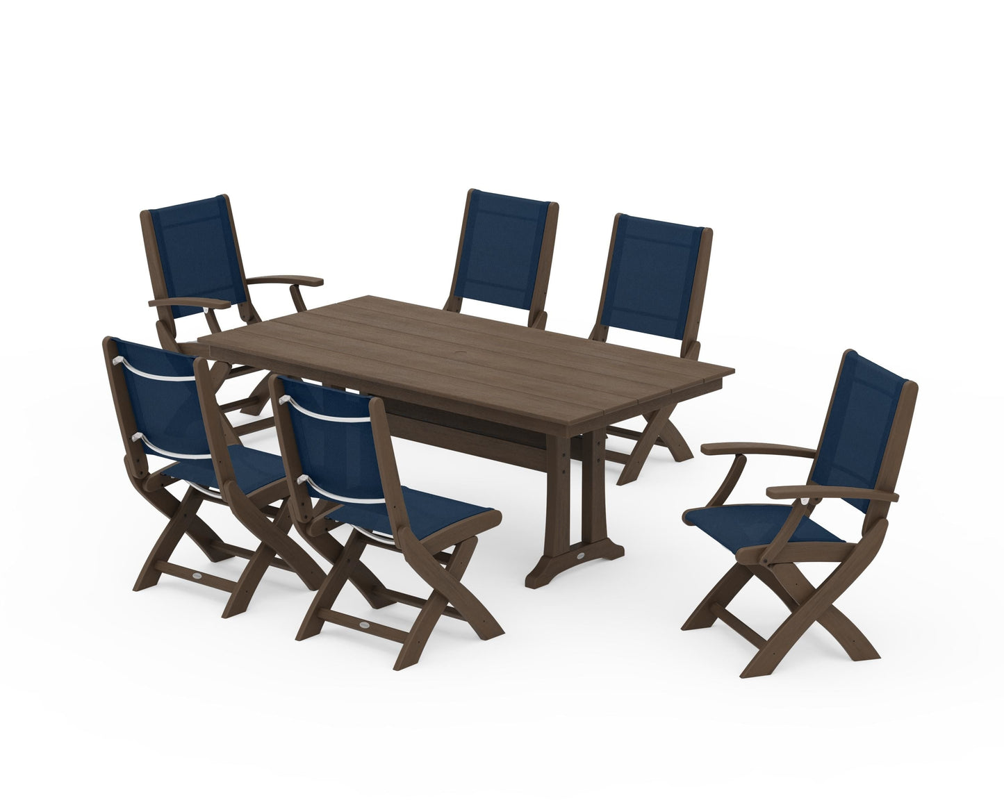Coastal Folding Chair 7-Piece Farmhouse Dining Set with Trestle Legs