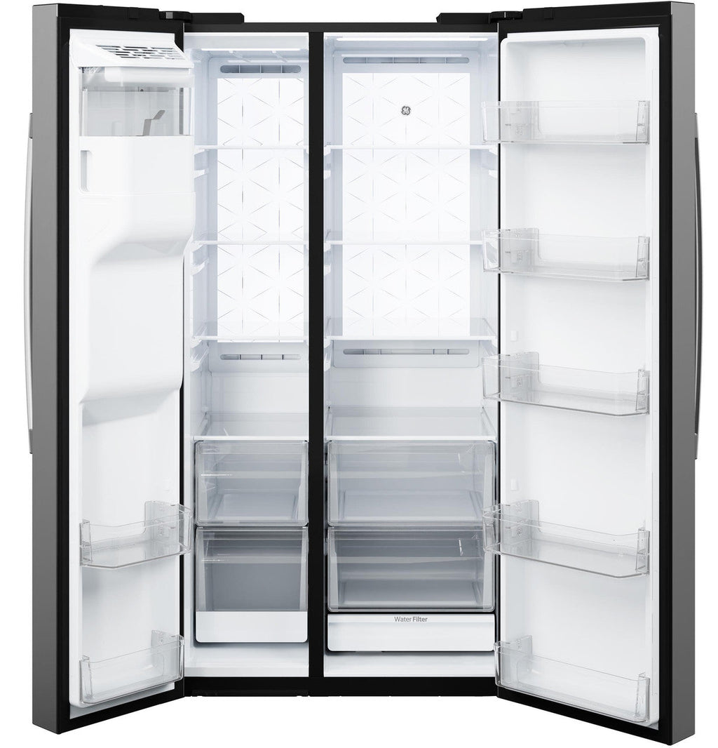 GE® 27.7 Cu. Ft. Side-By-Side Refrigerator with LED Light Walls, Extra Tall Dispenser, and Antimicrobial Refrigerator Drawer Liners