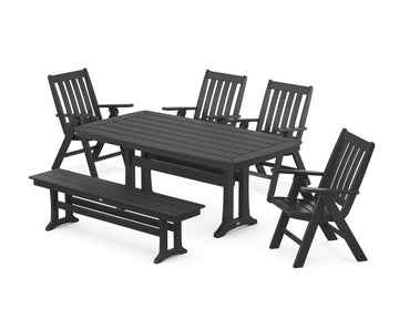 Vineyard Folding Chair 6-Piece Dining Set with Trestle Legs and Bench