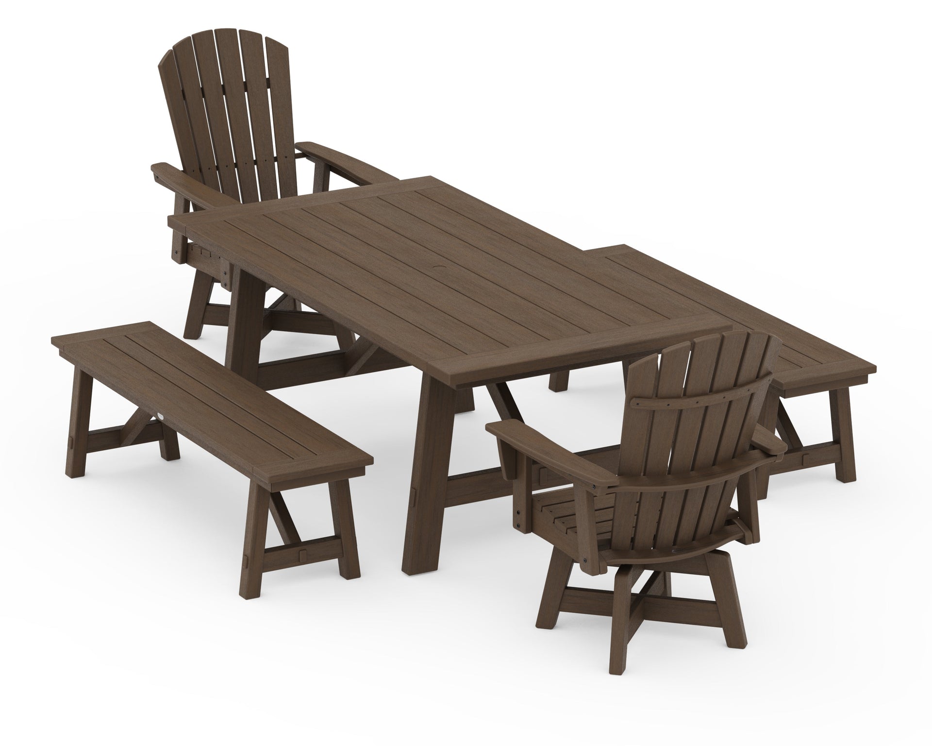 Nautical Curveback Adirondack Swivel Chair 5-Piece Rustic Farmhouse Dining Set With Benches