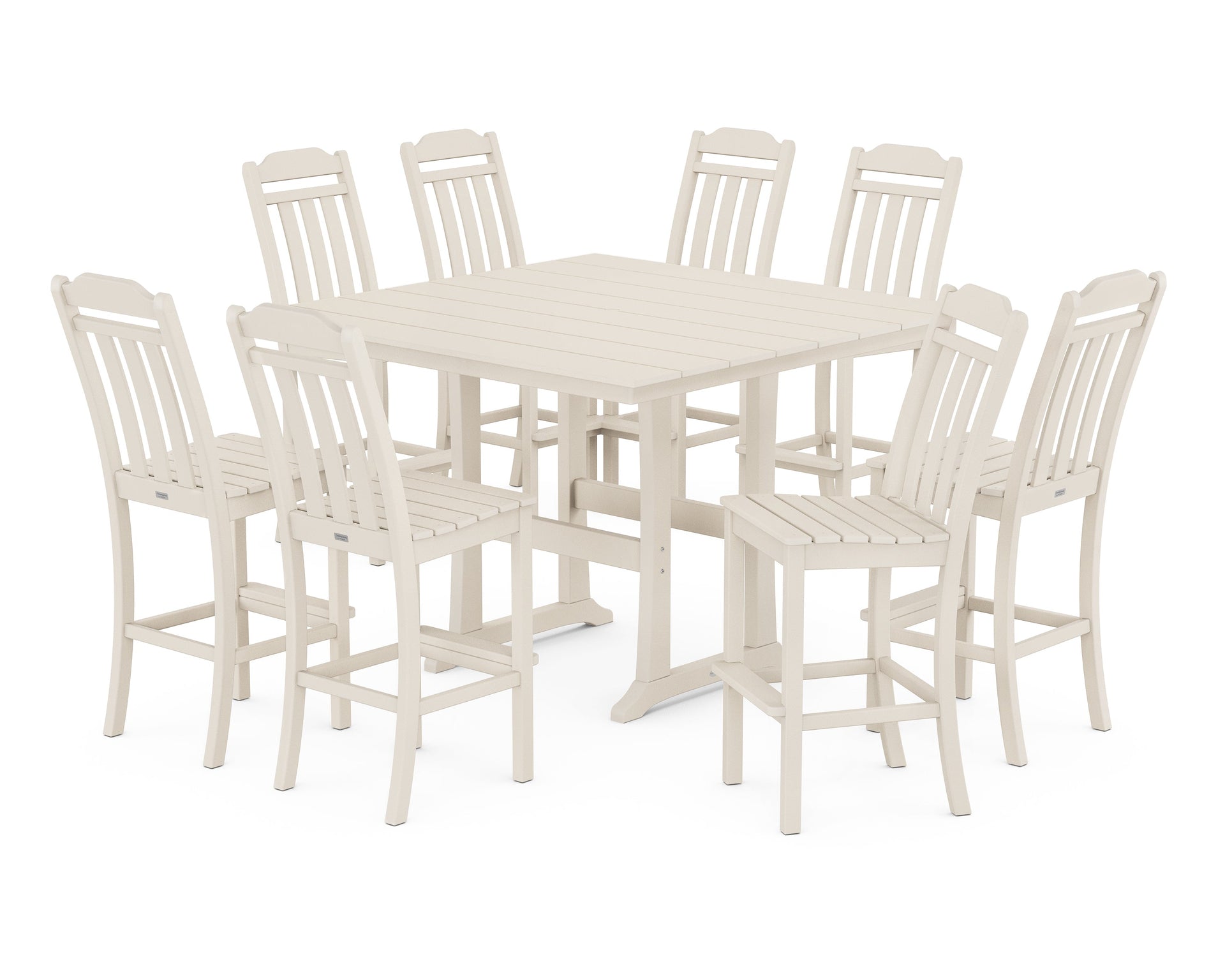 Cottage 9-Piece Square Farmhouse Side Chair Bar Set with Trestle Legs