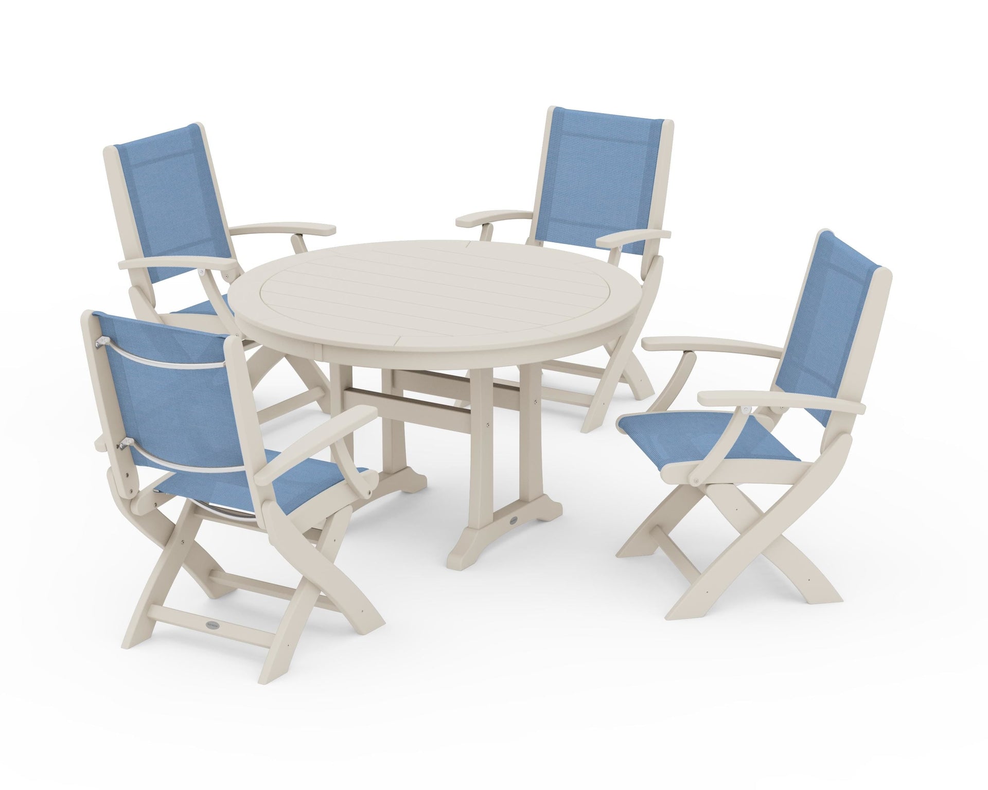 Coastal Folding Chair 5-Piece Round Dining Set with Trestle Legs
