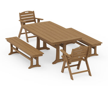 Nautical Folding Lowback Chair 5-Piece Dining Set with Trestle Legs and Benches