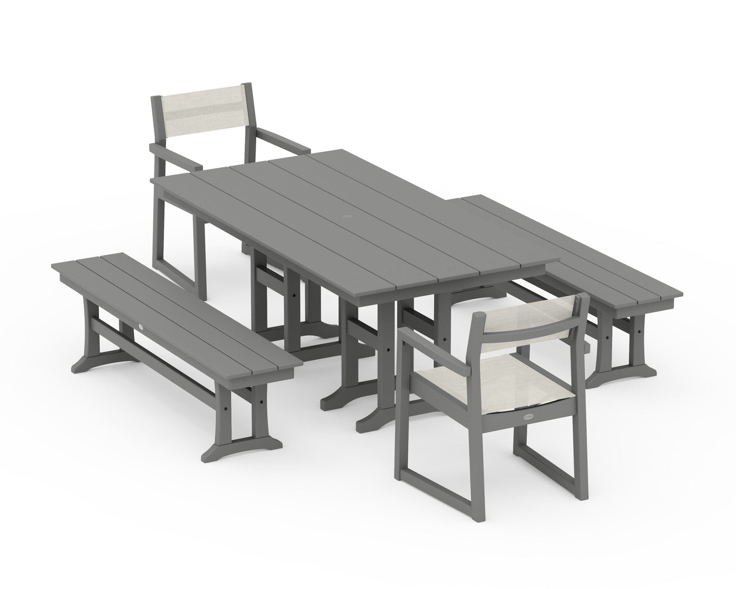 EDGE Sling Arm Chair 5-Piece Farmhouse Dining Set with Benches