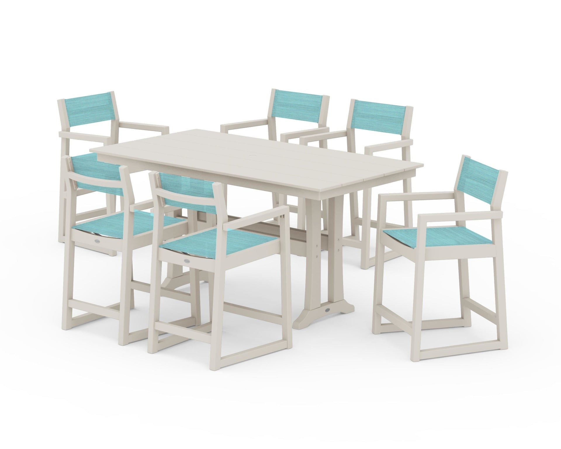 EDGE Sling Arm Chair 7-Piece Farmhouse Counter Set with Trestle Legs