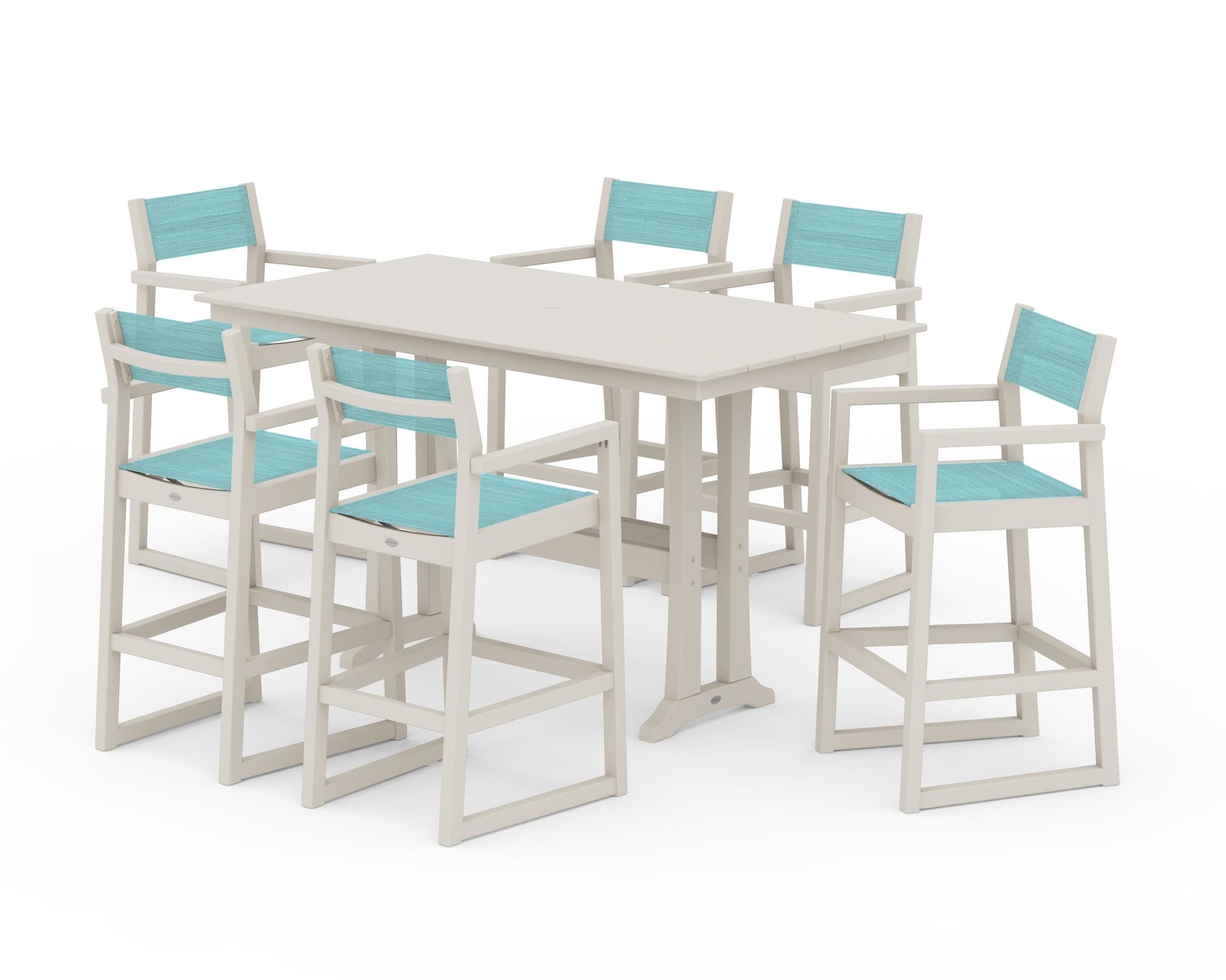 EDGE Sling Arm Chair 7-Piece Farmhouse Bar Set with Trestle Legs