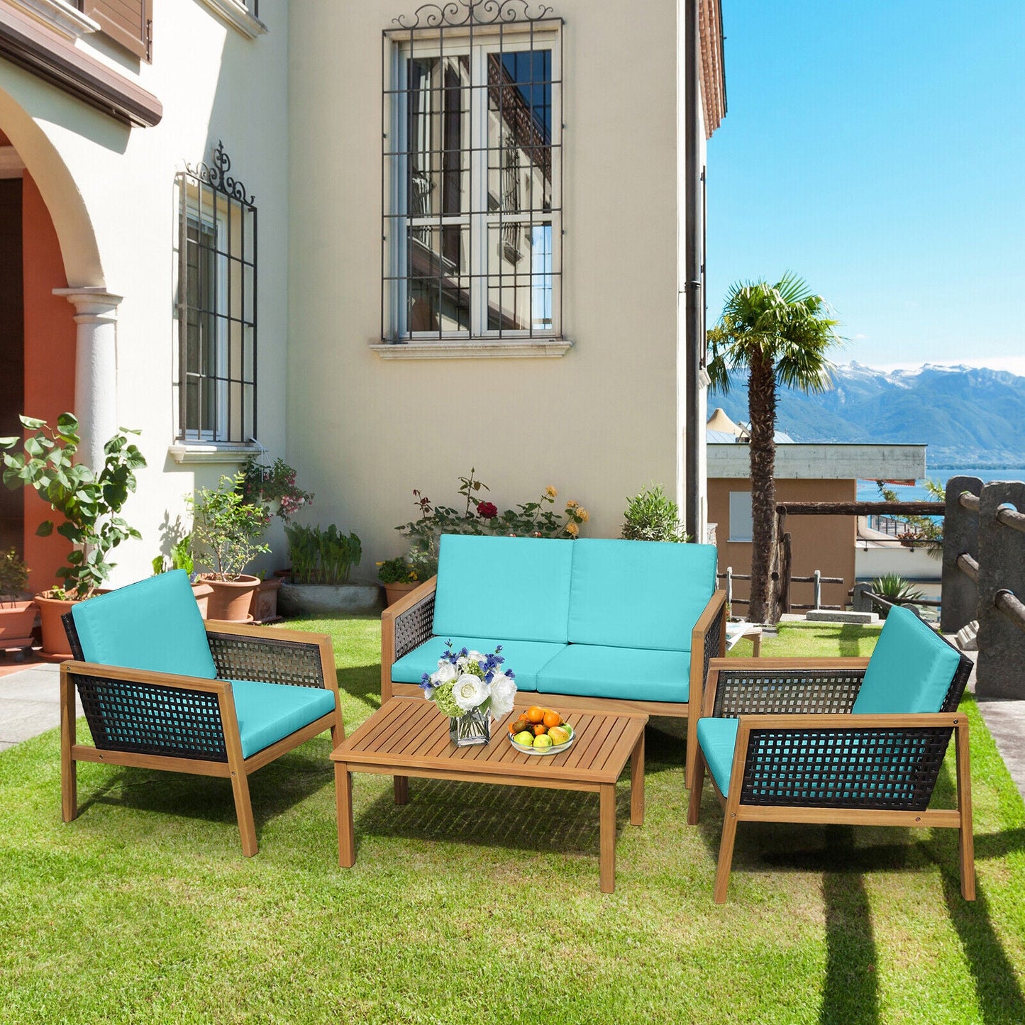 Costway 4-Piece Patio Rattan Furniture Set Removable Cushions White 42961830 New