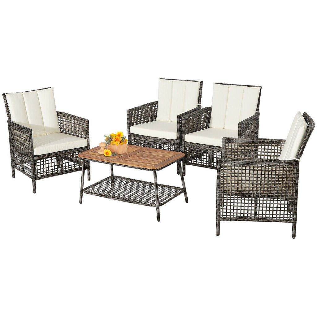 Costway 5-Piece Patio Rattan Furniture Set Cushioned Sofa Wooden Tabletop Off White 85607923 New