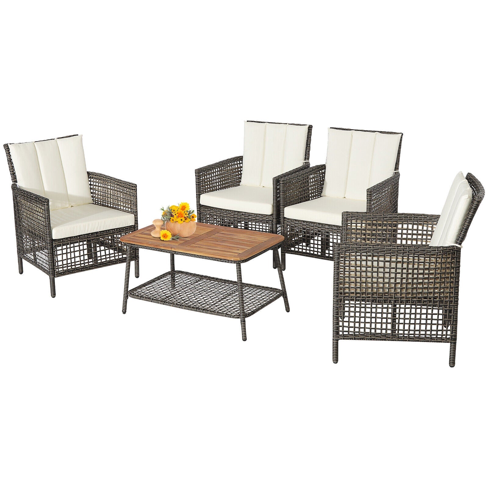 Costway 5-Piece Patio Rattan Furniture Set Cushioned Sofa Wooden Tabletop Off White 85607923 New